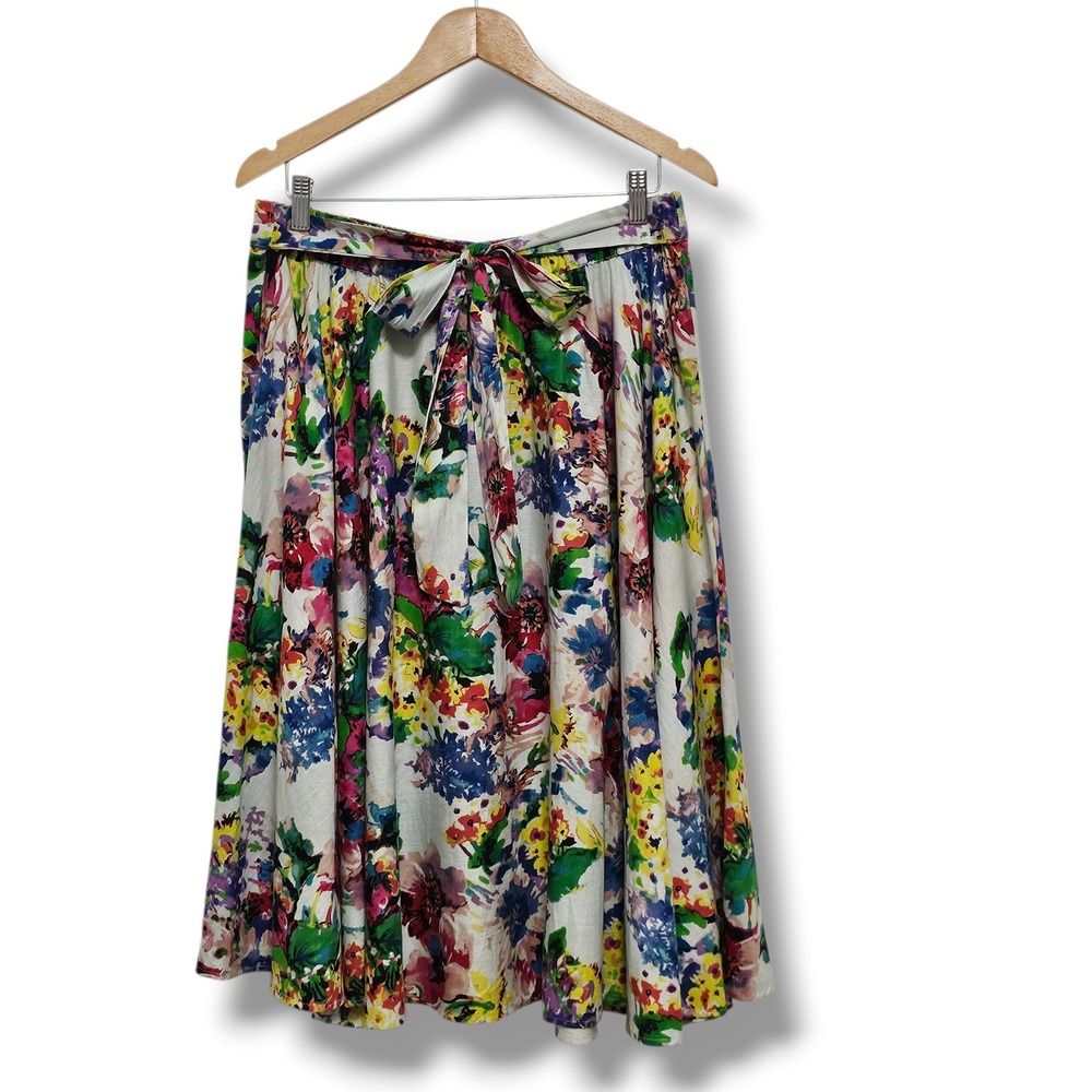 Anthropologie Flint & Moss Linen Midi Skirt L Multicolor Floral A-Line Tie Waist
